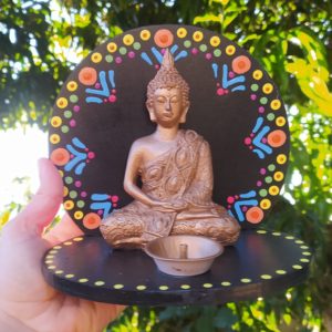 Incensário Buda Meditando Em Resina e MDF Com Pontilhismo