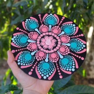 Incensário Mandala Azul e Rosa Pontilhismo Em MDF